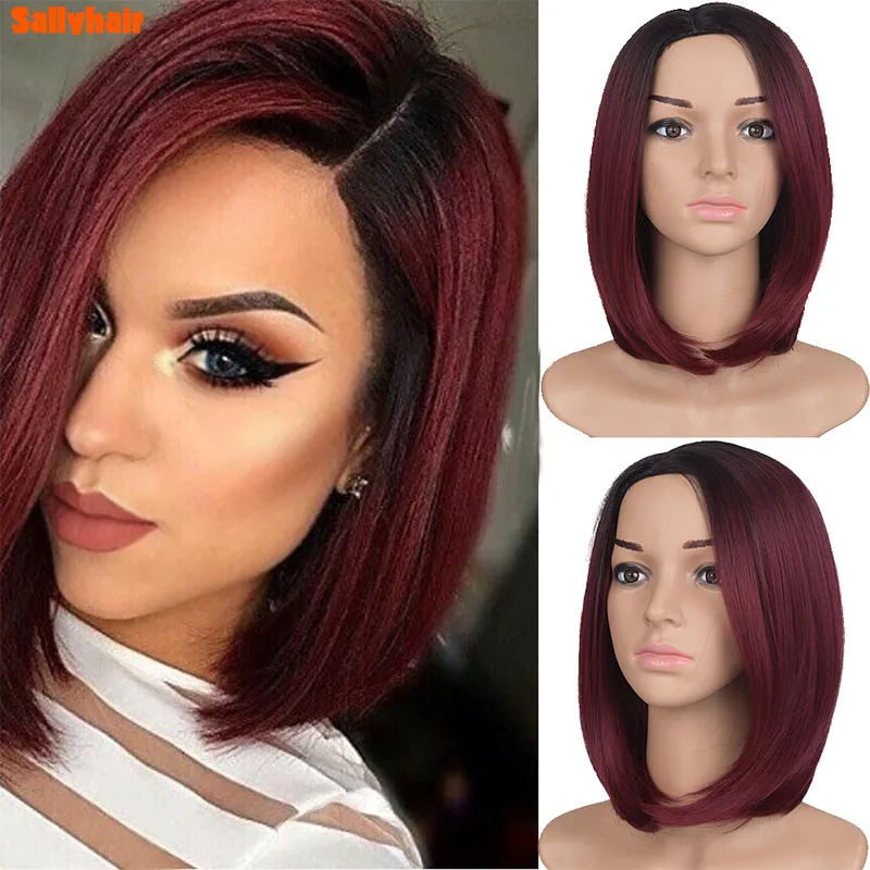 

Sallyhair Ombre Wine Red Short Bob Wigs for Women Synthetic Straight Hair Wig Natural Cosplay Party Middle Part Wigs