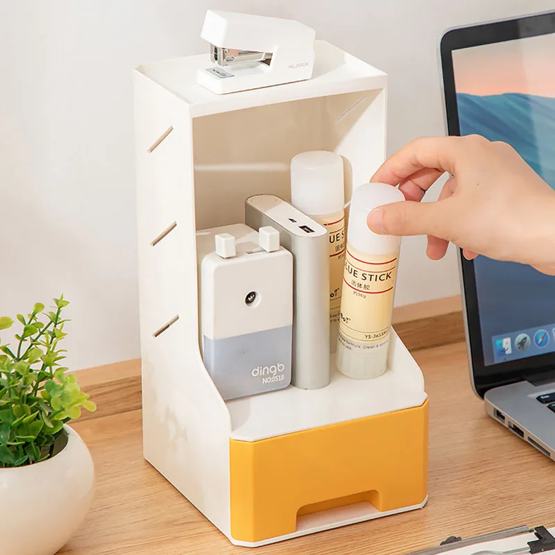  Organizador de escritorio de madera con cajón, organizador de  bolígrafos de escritorio de bricolaje, estante de almacenamiento de  papelería, soporte para lápices para oficina, escuela, hogar, suministros  de arte (B17 blanco