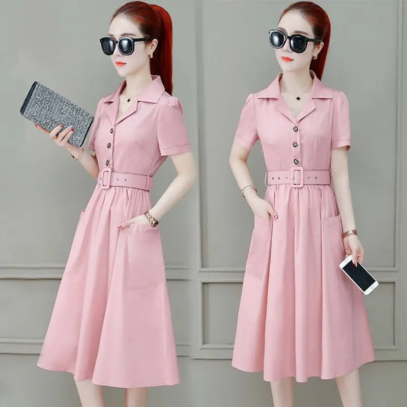 

Dresses Female Summer 2023 Female Skirt Short-sleeved Medium-length Paragraph Vestido tied Waist belt Korean version Dress New