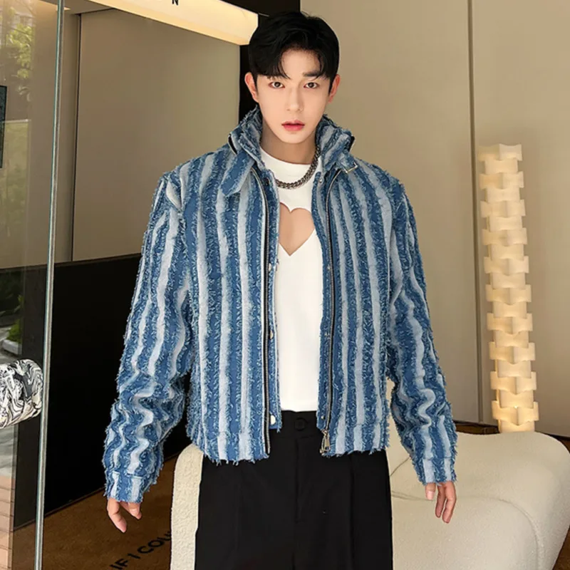 Denim Jacket For Men Three-dimensional Striped Tassel Stand Collar Long Sleeve Streetwear Korean Stylish Male Crop Coats