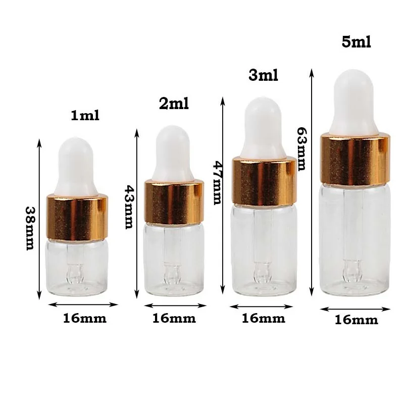 20/30/50/100pcs Mini Clear Glass Essential Oil Aromatherapy Dropper Bottles Gold Cap Reagent Drop Eye Liquid Pipette Bottle
