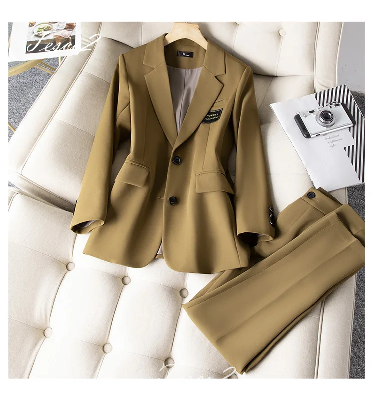 Tesco Office Lady Suit Sets Women's Casual Pantsuit Long Sleeve Blazer+Trousers Green Slim Jacket Outfits 2 Piece