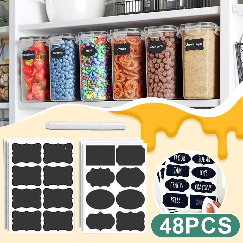 Label Stickers 48pcs/Set Erasable Chalkboard Waterproof Craft Kitchen Blackboard Bottles Tag Marker Pen