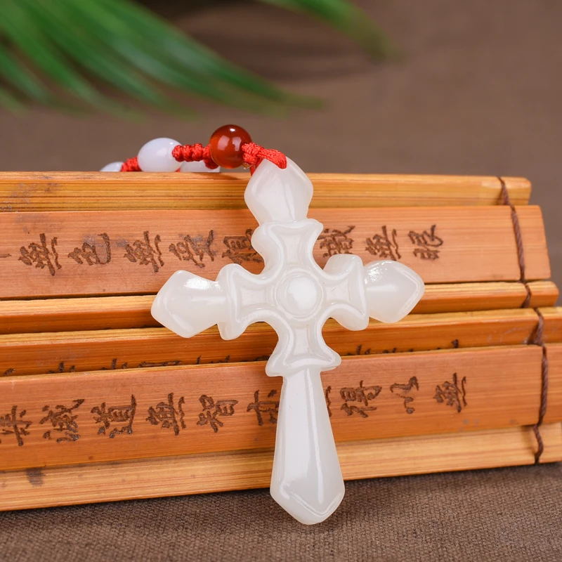 Fashion Chinese Green Jade Cross Pendant Necklace Hand Carved Charm Jadeite Natural Jewelry Amulet for Men Women Gifts White