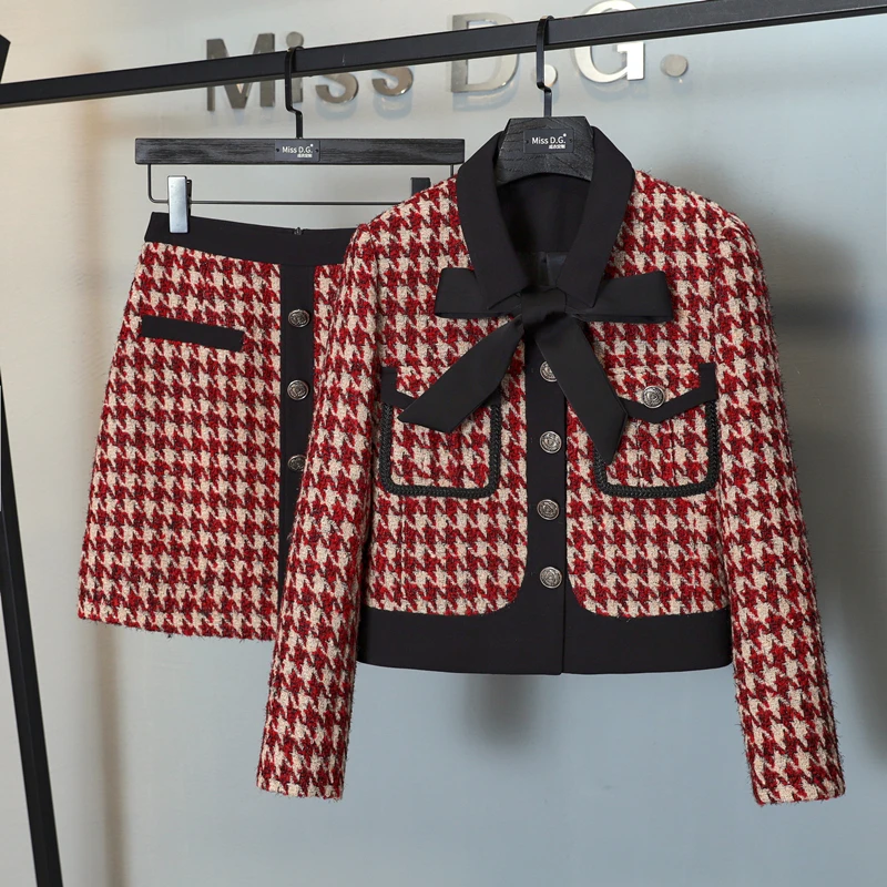 

Autumn Winter Elegant Tweed Two Piece Sets Women Vintage Plaid Woolen Short Coat Jackets Mini Skirts Suit Korean Fashion Outfits
