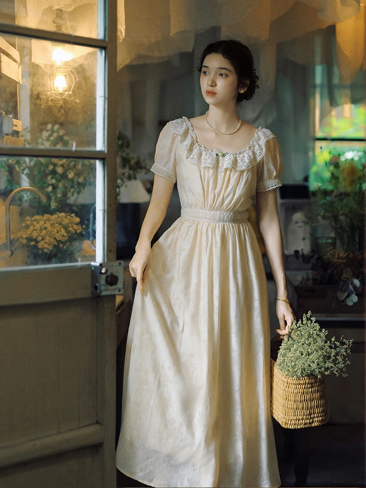 Summer Dresses For Women Elegant Country Style Sweet Vintage Lace Trimmings  Slim Waist Comfortable Long Dresses - AliExpress 200000345