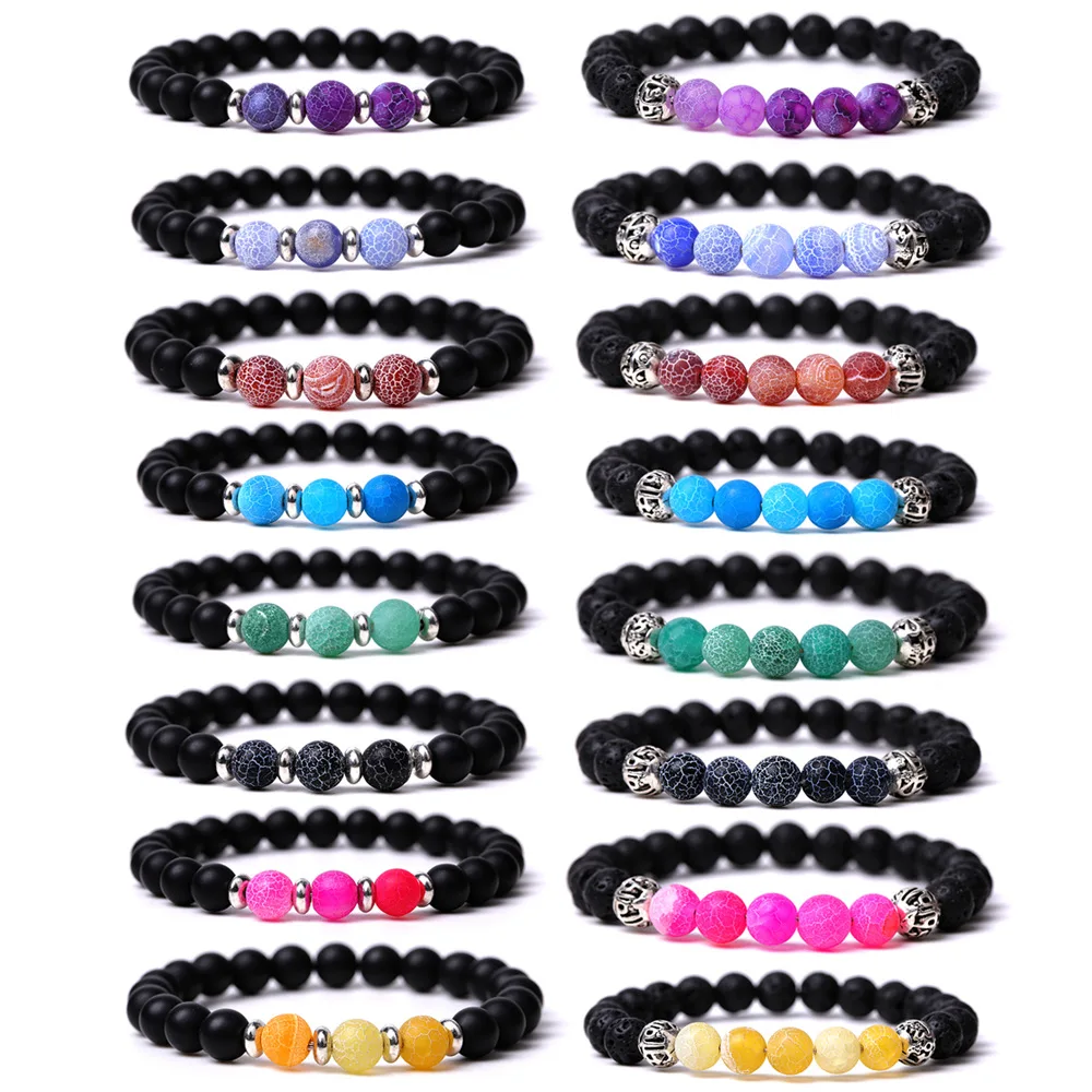 

12pcs 8mm Black Matted Natural Lava Stone Colorful Weathered Agate Elasticity Bracelet For Women Men Jewelry