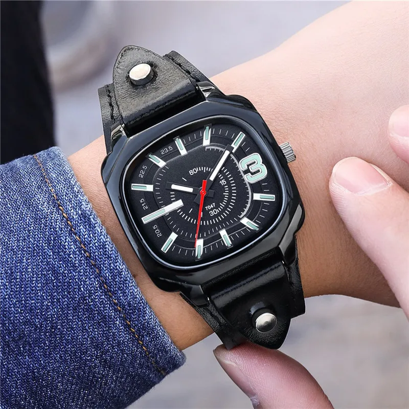 Men Vintage Cow Leather Square Quartz Watch Luxury Wristwatches Man Clock Relógio Masculino Montre Homme