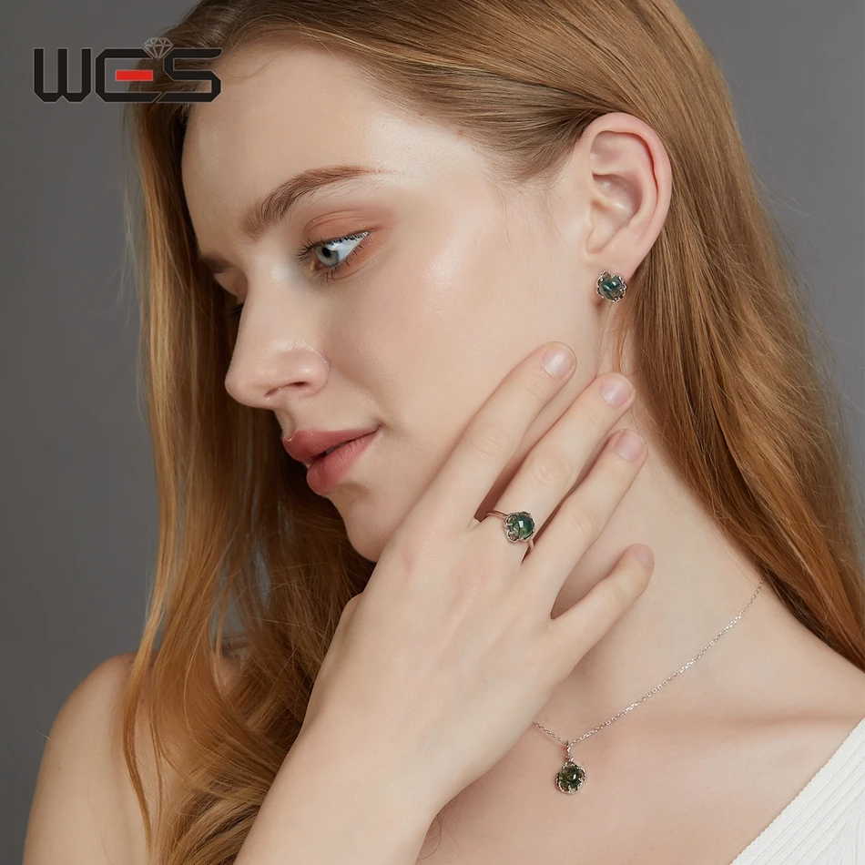 WES 100% 925 Sterling Silver Natural 8*8mm Moss Agate Rings For Woman Gemstone Wedding Fine Jewelry Valentine Gifts Engagement WES 100% 925 Sterling Silver Natural 8*8mm Moss Agate Rings For Woman Gemstone Wedding Fine Jewelry Valentine Gifts Engagement