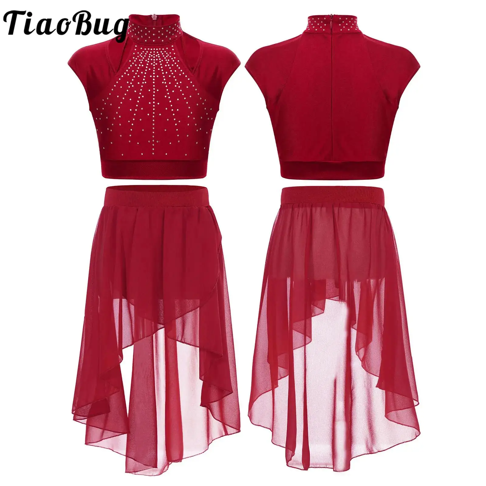 TiaoBug Lyrical Dance Outfit - EIN Schulter Crop Top Mit Rhinestones & Unregelmäßigem Rock