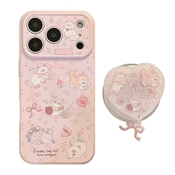 Sweet Cartoon Kitten Floral Bowknot Pink Case with Heart Kitten Magnetic Holder - iPhone 15 (Pink)