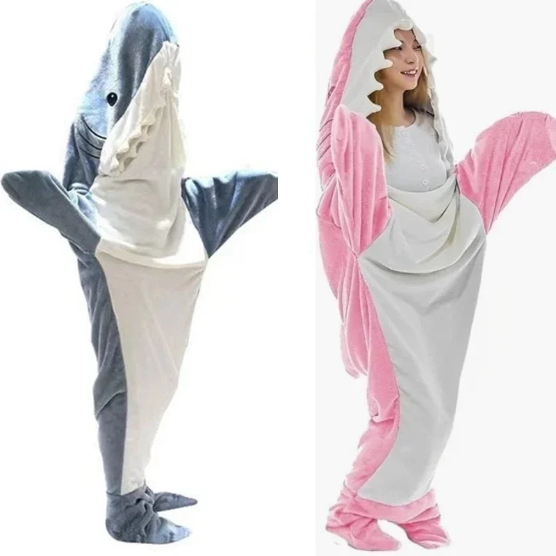 Sleeping Bag Pajamas Thickened Warm Flannel Cartoon Shark Men Women One-Piece Homewear