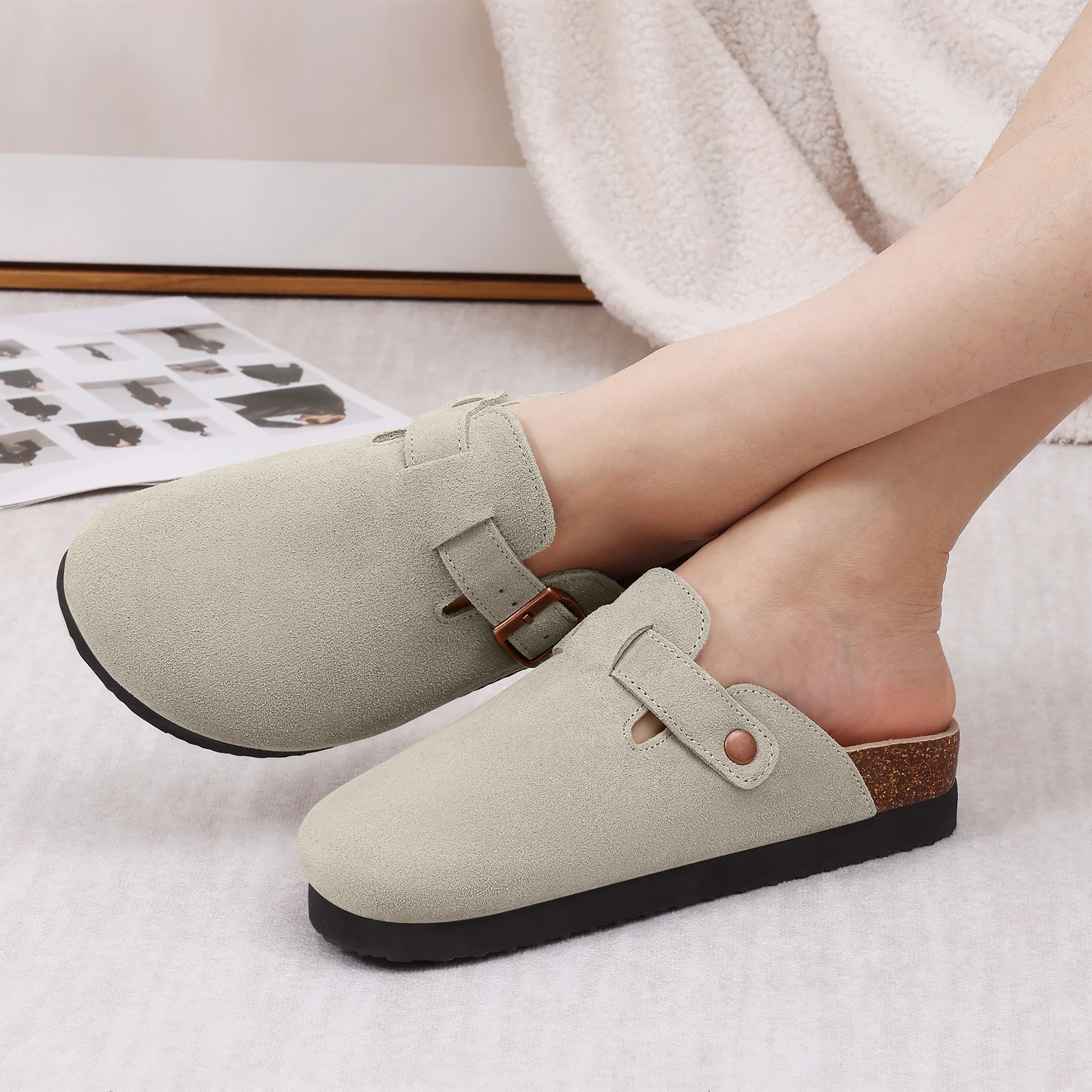 Women's Leather Mules Suede Clogs With Adjustable Strap Cork Sole_voghion.com