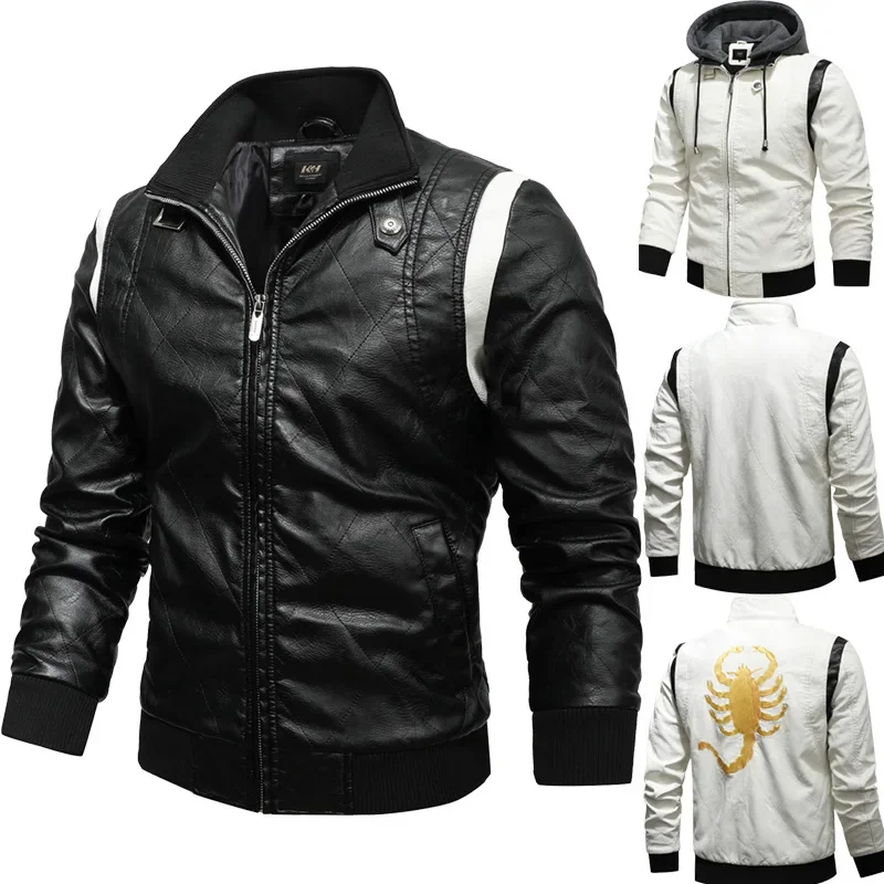 Spring Men's Leather Jacket High Quality Stand Collar Fashion Youth Embroidery Hooded PU Leather Coats EUR Size 3XL Men Clothing 4