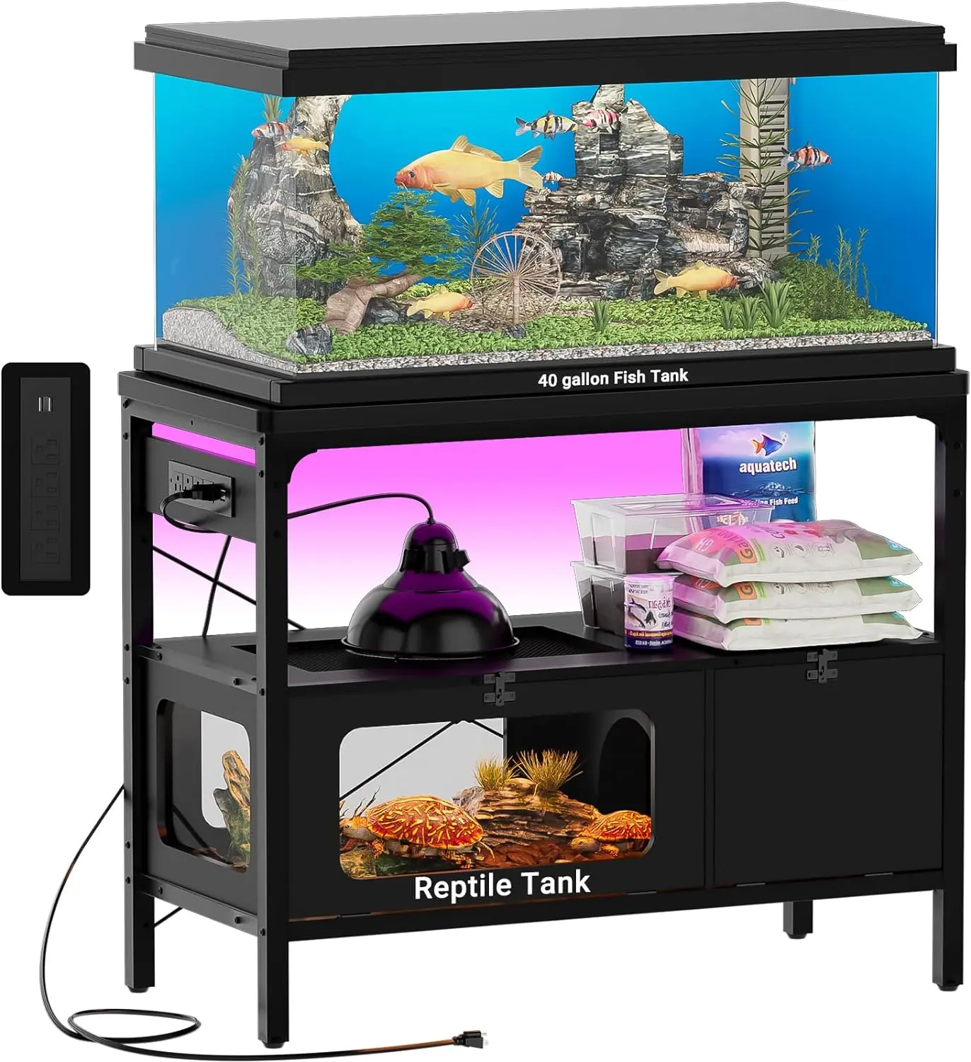 40 Gallon Fish Tank Stand With Cabinet & Power Outlets - Metal Frame, LED Lights, Holds Up To 458 Lbs, Black