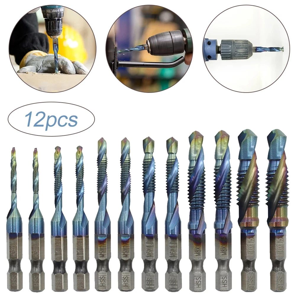 

12PCS M3-M10 Tap Drill Bit Set Composite Hex Shank HSS Metric Screw Thread Blue Tap Drill Bits Set Hand Tools Short Type