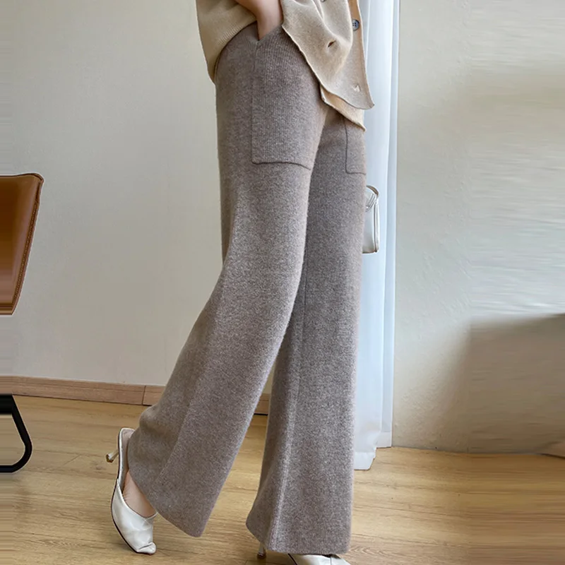 Jueqi Autumn and Winter New Women's Cashmere Wide Leg Pants 100% Pure Wool Knitted Loose Pants MX-23604