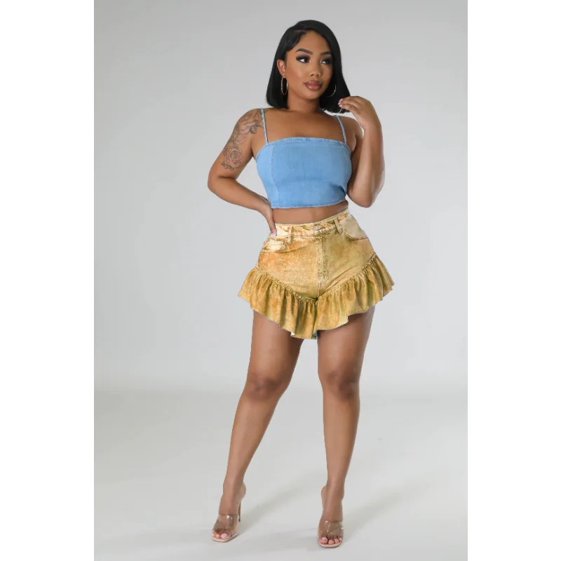 Ruffles Fake Denim Printed Women Shorts High Waist Skinny Short Pants 2023 Summer Holiday Capris New Popular Workout Shorts