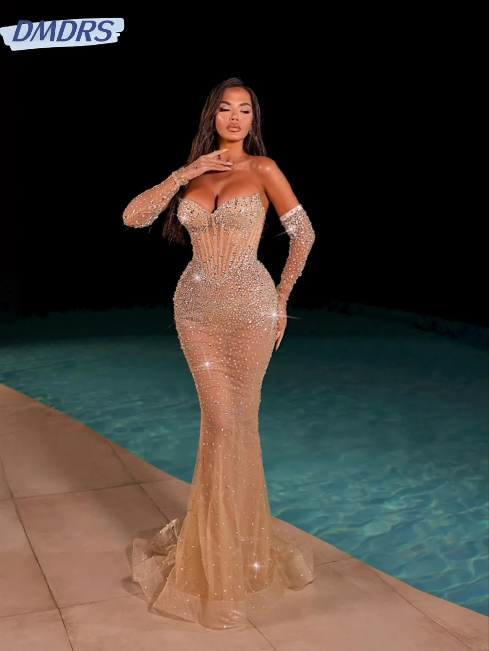 Sexy Celebrities Pocket Rhinestone Decor Velvet Sling Dresses