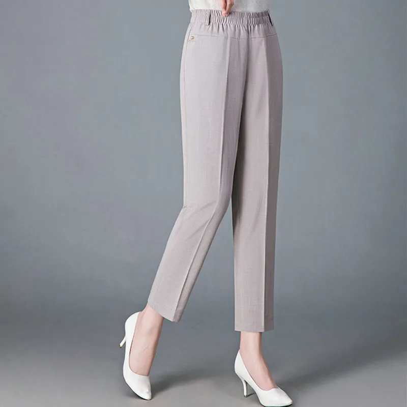 

New Middle Aged Mother Breathable Rayon Linen Straight Pants Temperament Elastic Waist Nine-Point Pant Women Trousers L-6XL