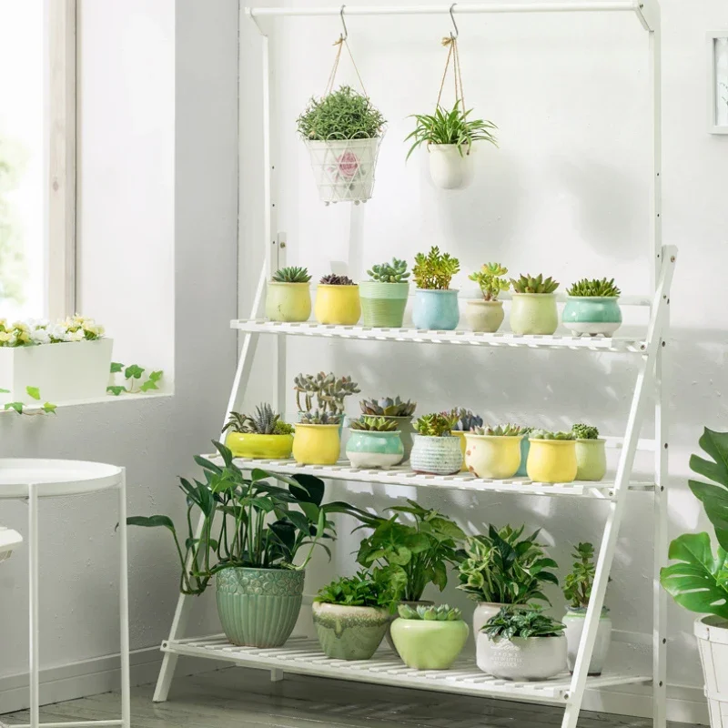 Plant Stand Storage Shelf, 3-Tier Hanging Stand for Flowers, Folding Organizer Display Rack, Adjustable Hanger Rod, Bamboo
