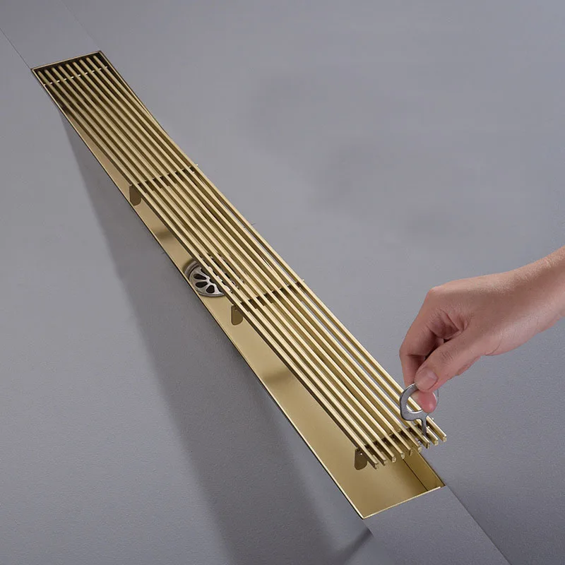 brushed Gold Floor Drain 600mm or 800mm Stainless Steel Bathroom Anti-Odor Wire Strainer Drain Balcony Toilet Kitchen Drains
