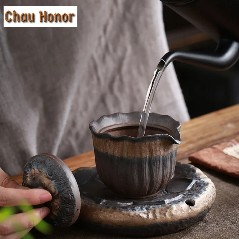 200ml Retro Lotus Ceramics Single Pot Handmade Gilt Iron Glaze Household Kungfu Teaset Hand Grasping Pot Drinkware Birthday Gift