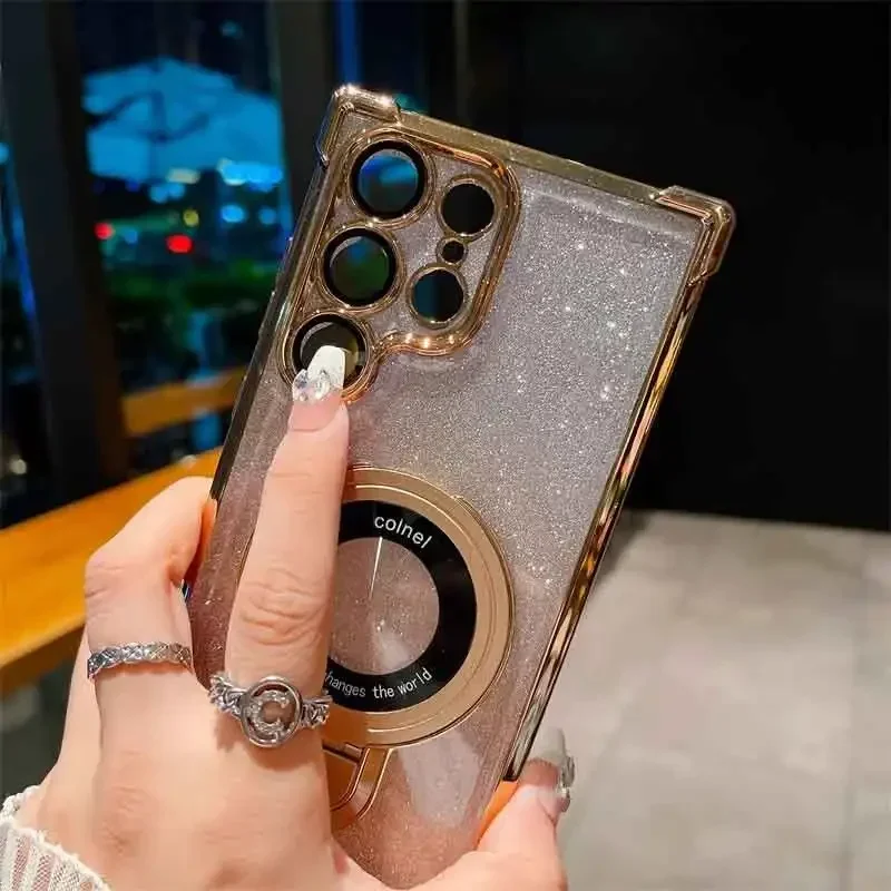 Plating Airbag Gradient Case with Lens Protection and Magnetic Holder Cover