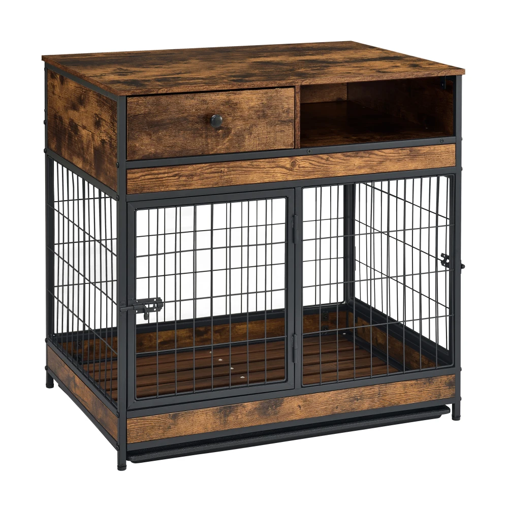 Furniture Dog Cage Crate with Double Doors Rustic Brown Escape-Proof Double Door Kennel with 360&deg;Lockable 31.5"WX22.64"DX30.59"H