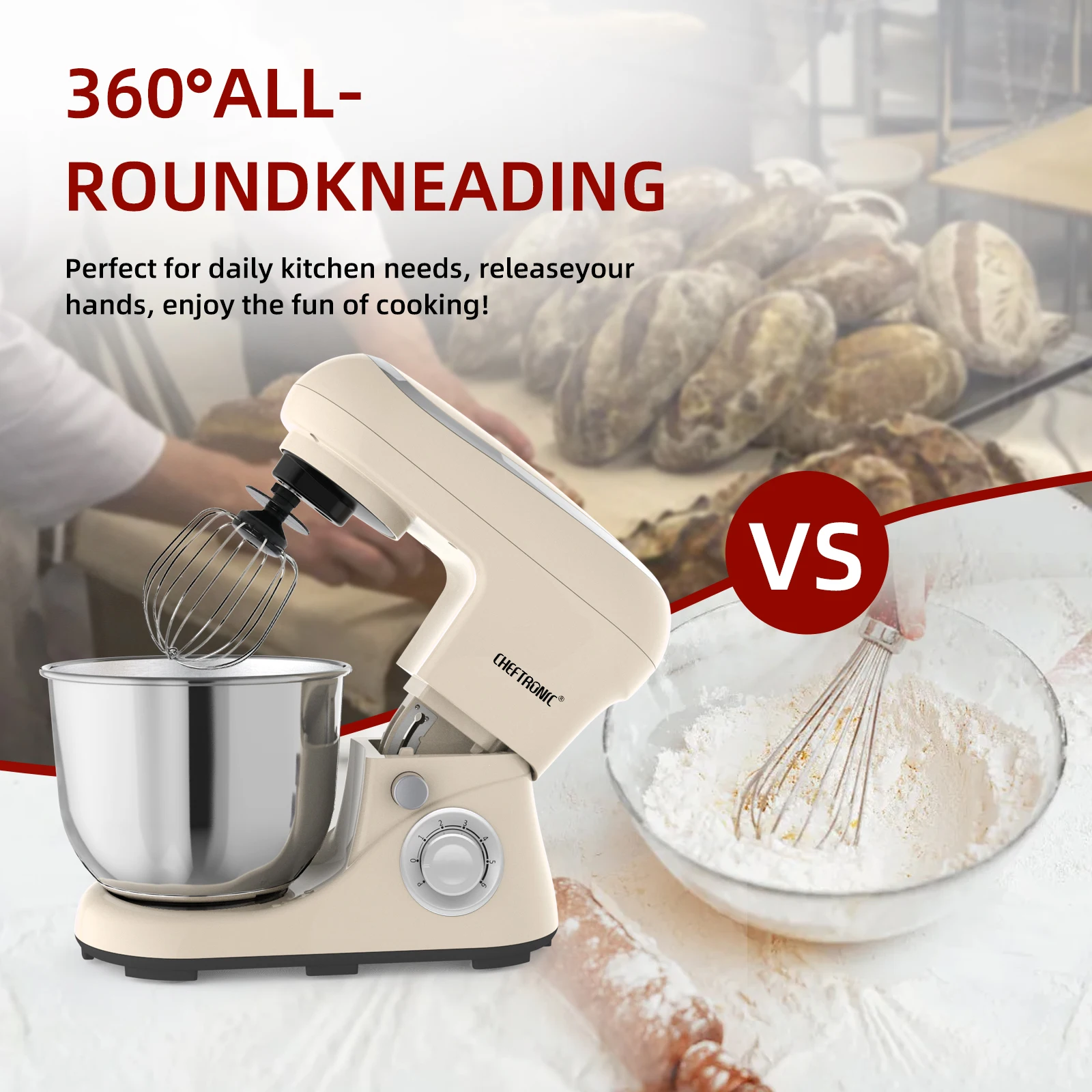 US Plug,1pc CHEFTRONIC Stand Mixer, 5Qt Tilt-Head Electric Household Stand Mixer - 500W 6+P Speed, Food Beater And Butter Beater 4
