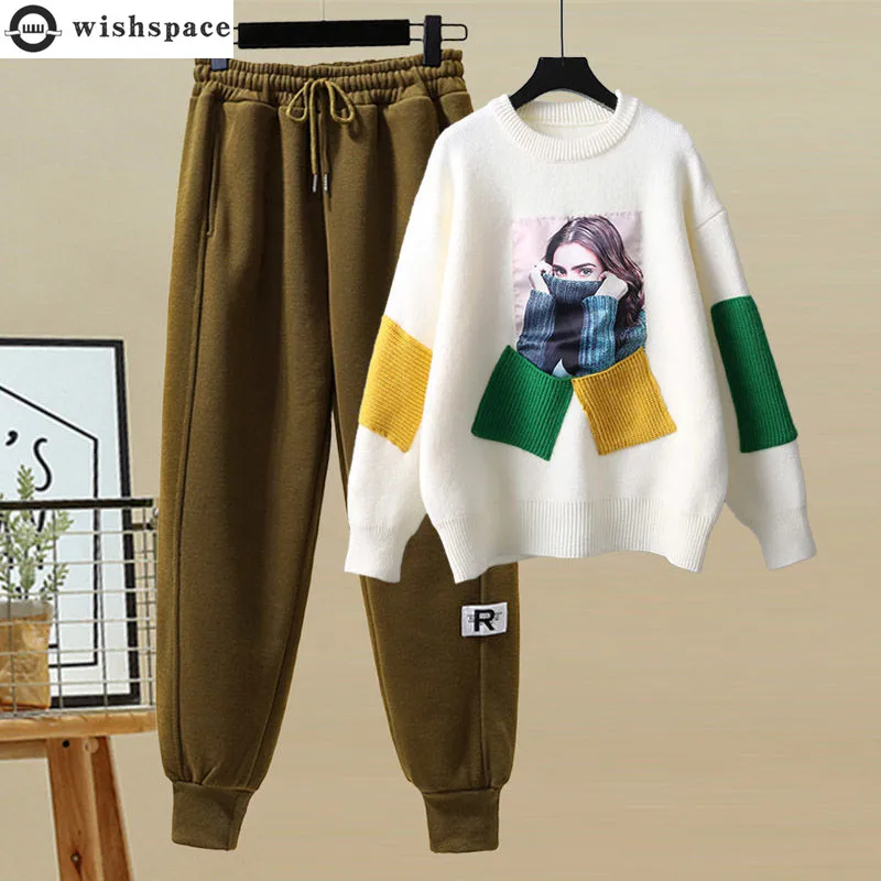 

Autumn New Patchwork Color Contrast Loose Knit Sweater Casual Trousers Two-piece Elegant Women's Pants Set Female Warm Outfit