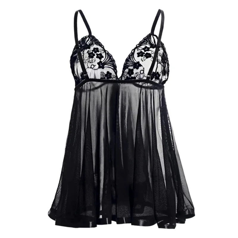 Plus Size Erotic Nightdress Lace Mesh Pajamas Nightgowns Thongs Transparent Suspenders Homewear Lingerie Babydoll Sleepwear