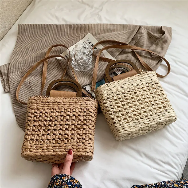 

Straw Bags Summer Women Tote Bags Designer Handbags PurseS Weave Drawstring Closure Wooden Handle Beach Shoulder Bag