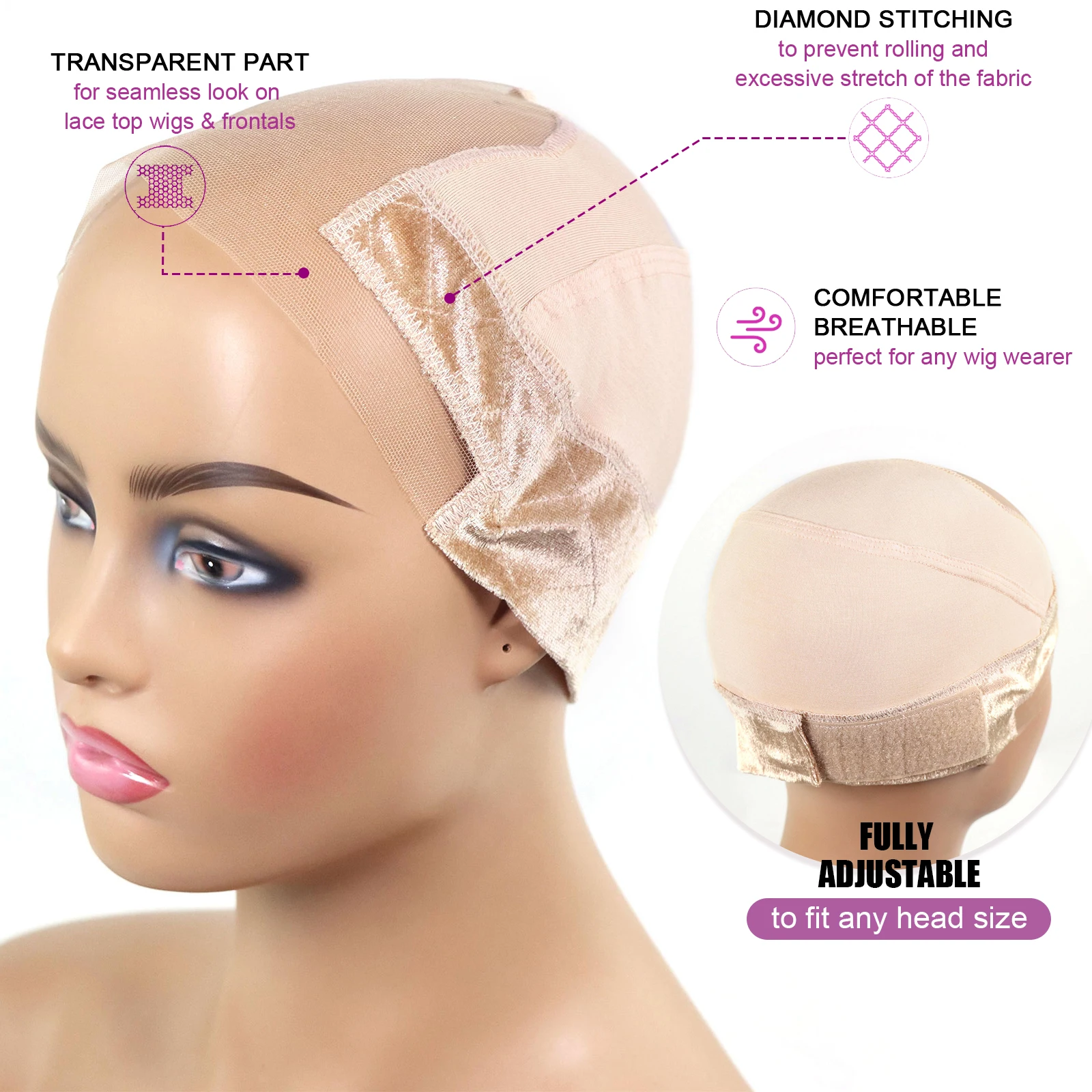 4x4 Lace Wig Grip Cap for Women Adjustable Wig Cap with Headband Non-Slip Gripper to Keep Wigs Lace Front In Place Nude