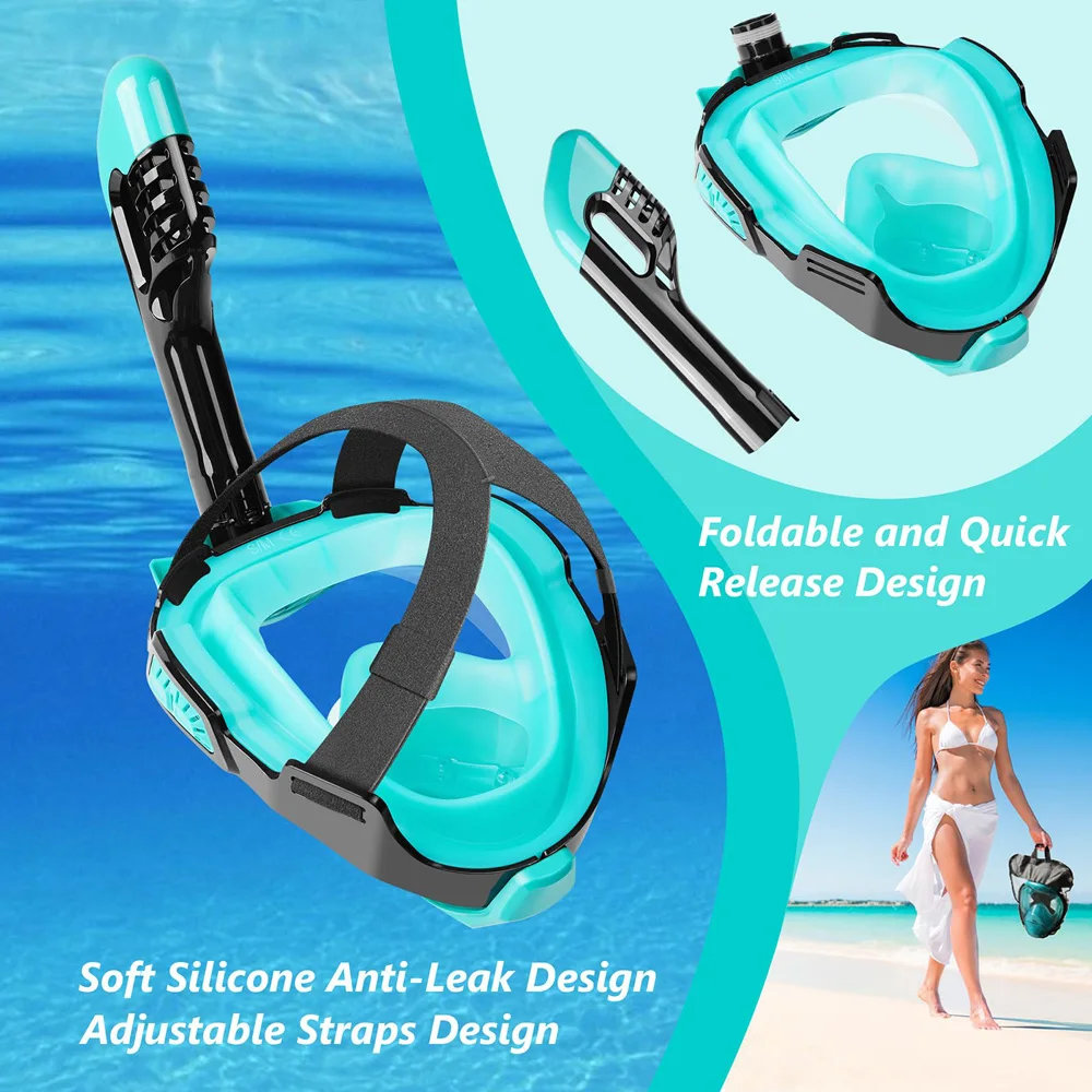 Full Face Snorkel Mask Dry Top Breathing System Detachable Camera Mount Adults Panoramic View Anti-Leak Anti-Fog
