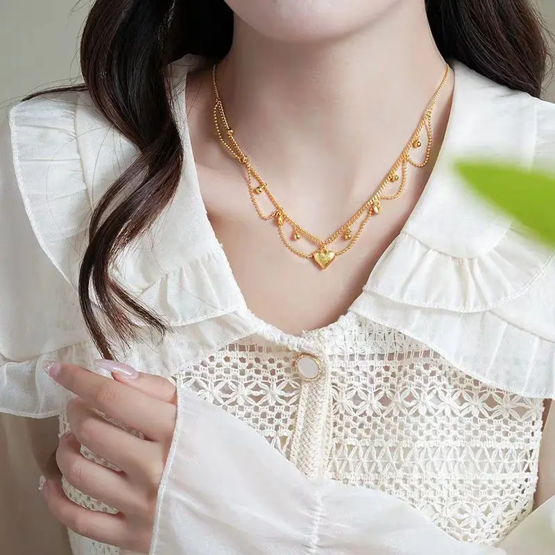 9999 24K Real Gold Tassel Lace Heart Necklace for Women Heart Integrated Collarbone Necklace