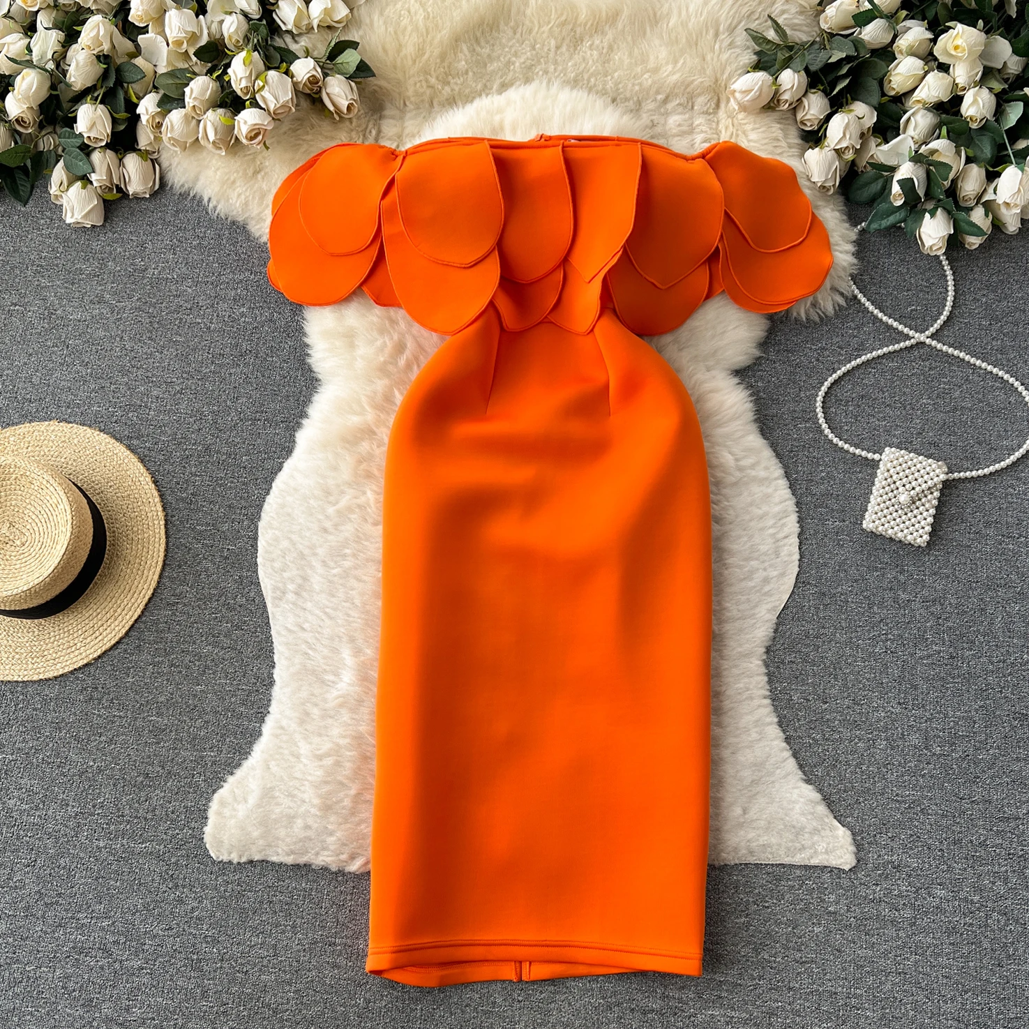 

Elegant Ruffle Strapless Dress French Diagonal Collar Off Shoulder Evening Party Vestidos Women Ceremonial Hip Wrap Dress