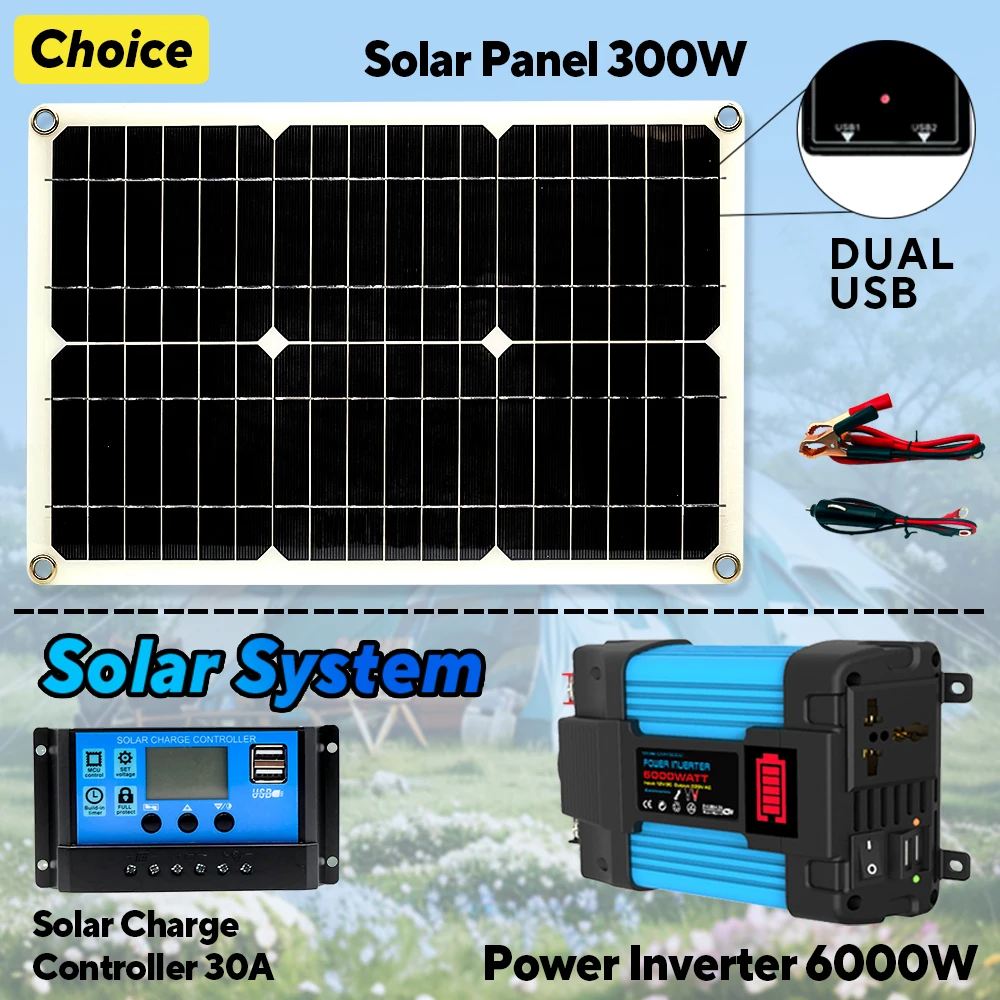 12V To 110V/220V Solar Panel System 600WSolar Panel Battery Charge Controller 6000W Solar Inverter Kit Complete Power Generation