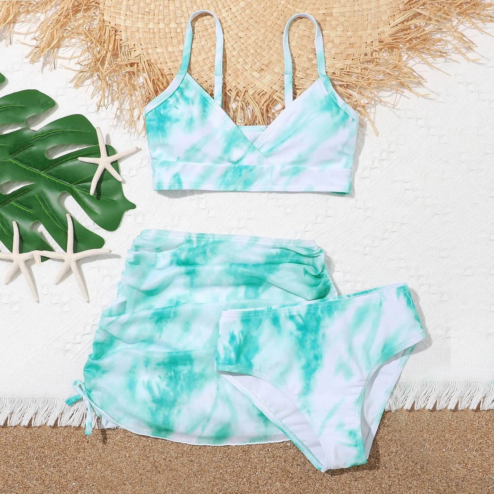Tie Dyeing Printing Swimwear 8-14Y Girls Summer Floral Swimsuit Cute Crisscross Girls 3 Piece Swimsuit Kids Bathing Suit 아기수영복 1