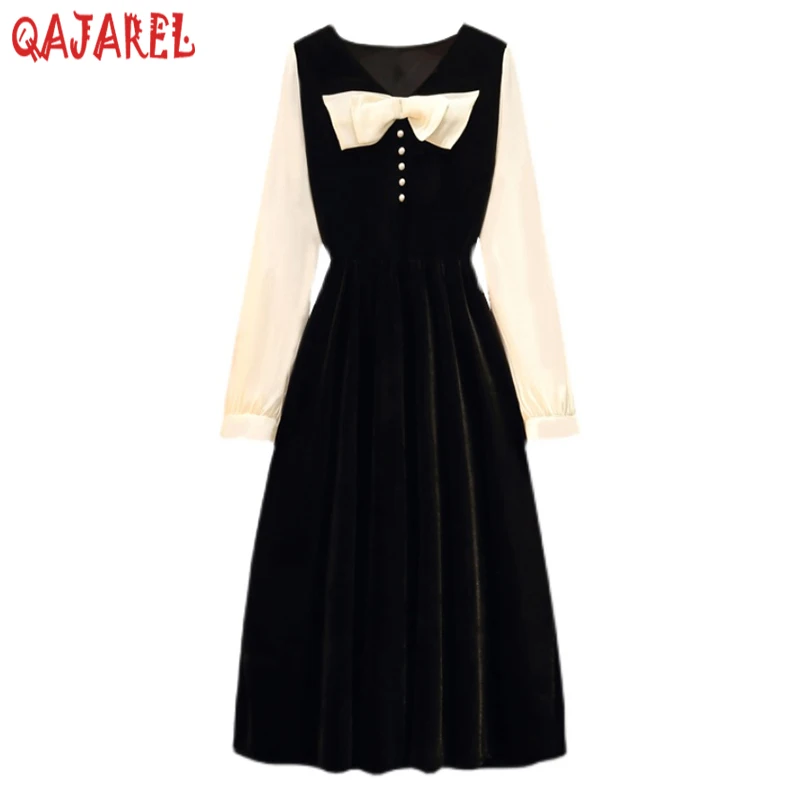 

Women Black Velvet Patchwork Long Sleeve Bow Chic Midi Dress Autumn Winter New Thck Warm Dress 2024 Korean Vintage Hepburn Dress