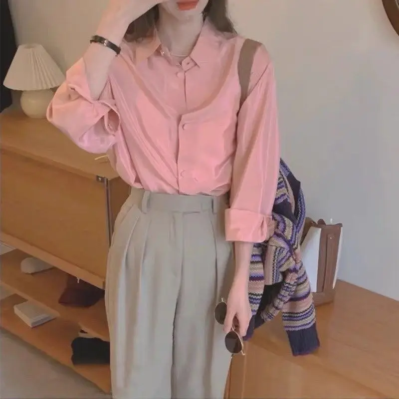 Spring Autumn Women's Clothing 2022 New Korean Office Lady Casual Graceful Pink Shirt Wide Leg Pants Outfits Daily Joker Trouser