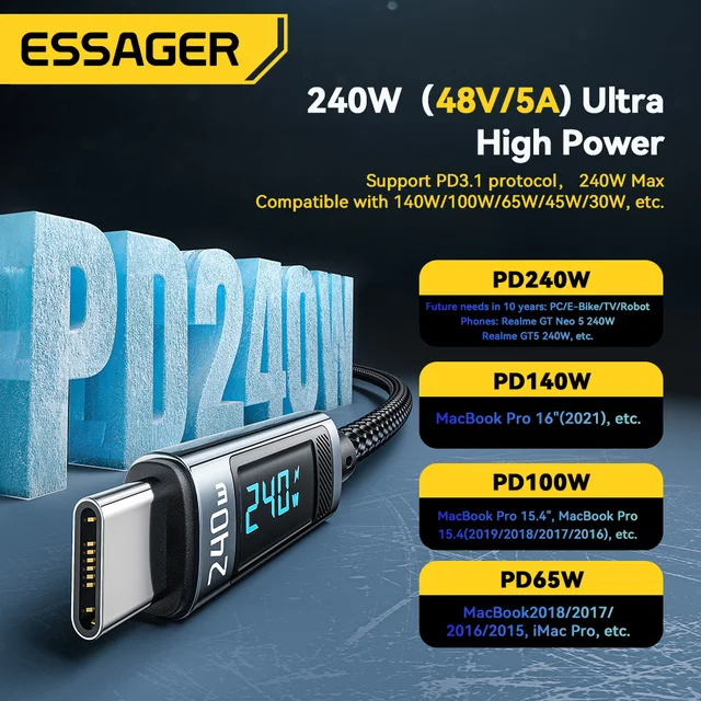 Essager 240W USB Type C To USB C Cable PD 3.1 100W Fast Charging Charger Cables 6A For MacBook Pro Laptop Xiaomi iPad Data Cord 2