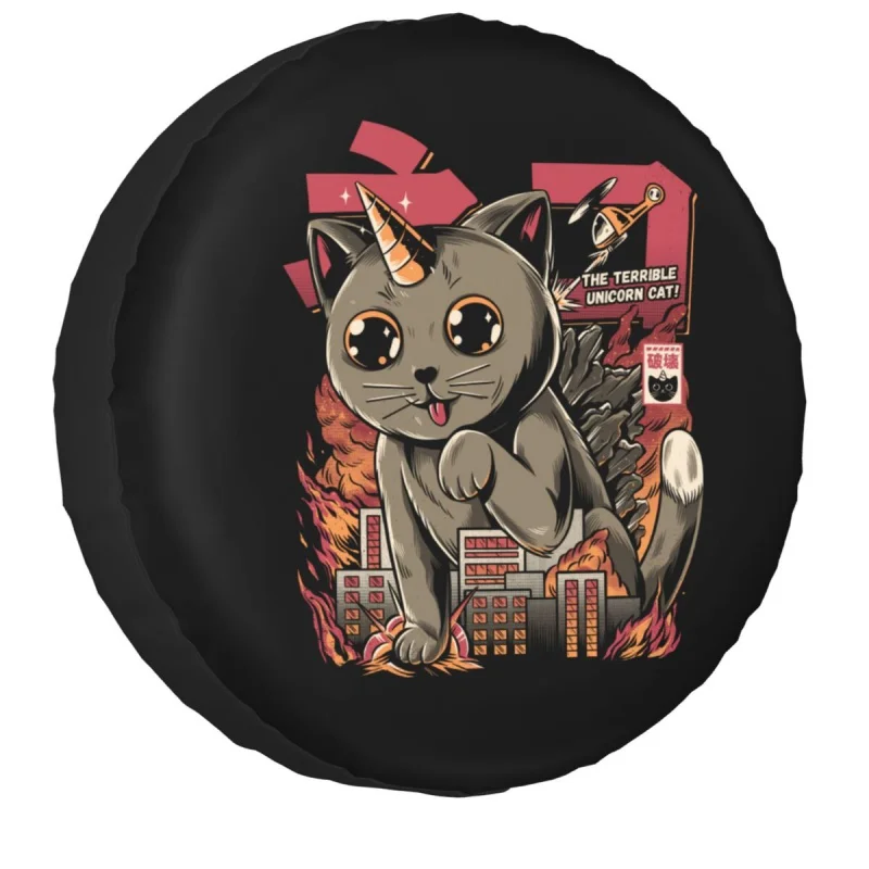 

Flaming Catzilla Feline Cat Spare Tire Cover for Jeep Mitsubishi Pajero Japanese Kaiju Monster Monsters Car Wheel Covers