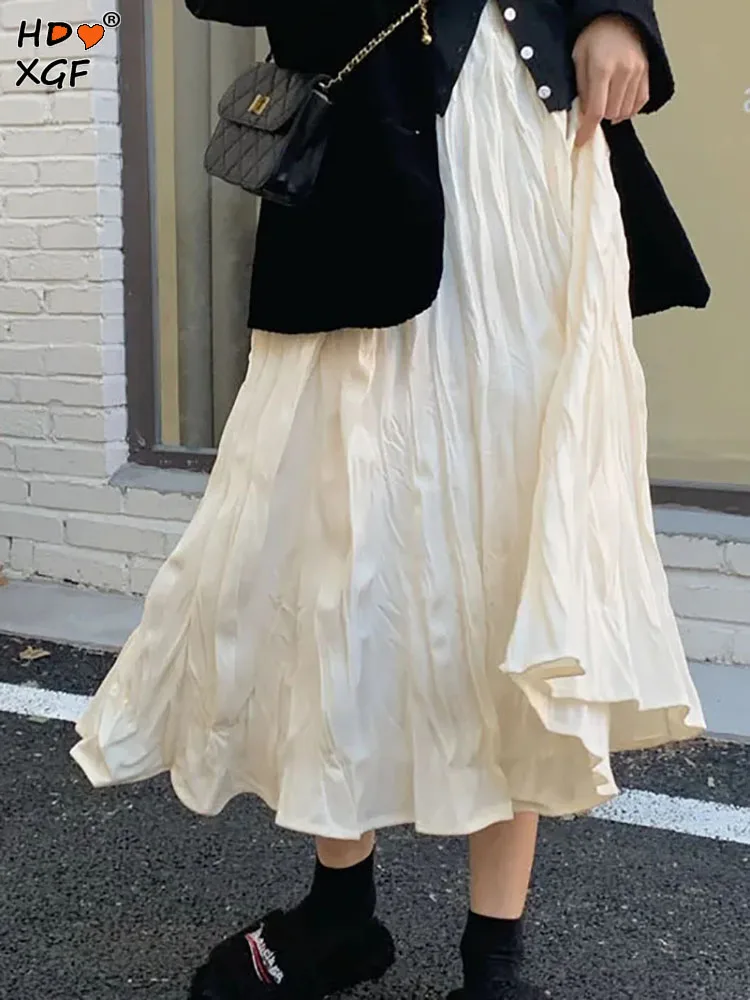

Korean Fashion Solid Color Elastic High Waist Pleated Ruffle Elegant Skirt Spring Autumn Women Simple Harajuku Mid Length Skirts