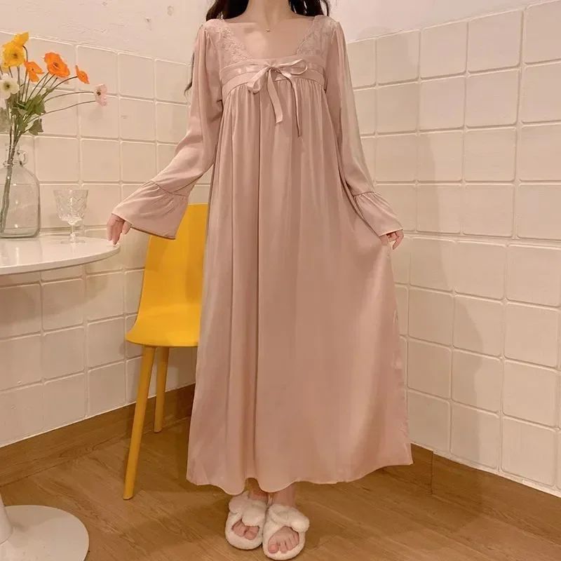 

Ночная длинная ночная рубашка, одежда для сна, женская одежда для сна с рукавом и одним вырезом, атласная женская ночная рубашка с бантом, домашняя одежда с вырезом лодочкой, осень