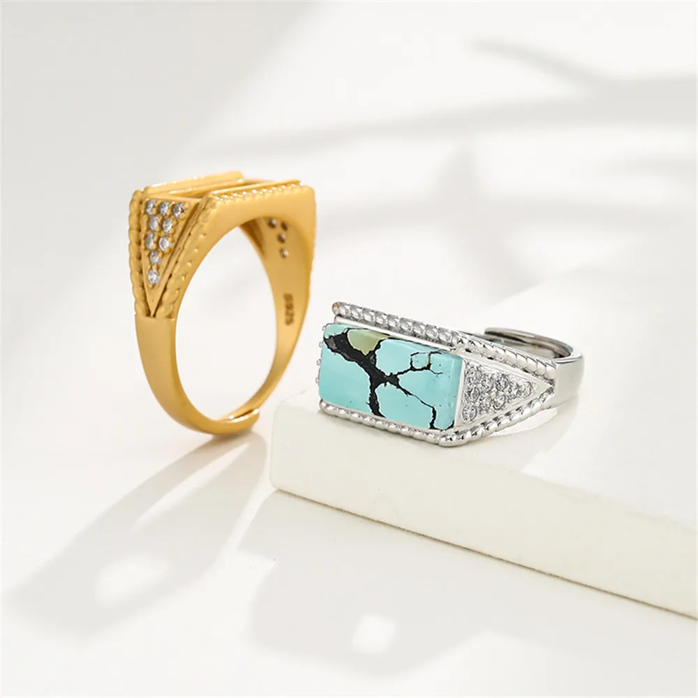 Ring Setting for 6x14mm Rectangle Cabochons Ring Blank Gold Plated 925 Silver Zircon Ring Blank Adjustable Ring Base RB080S