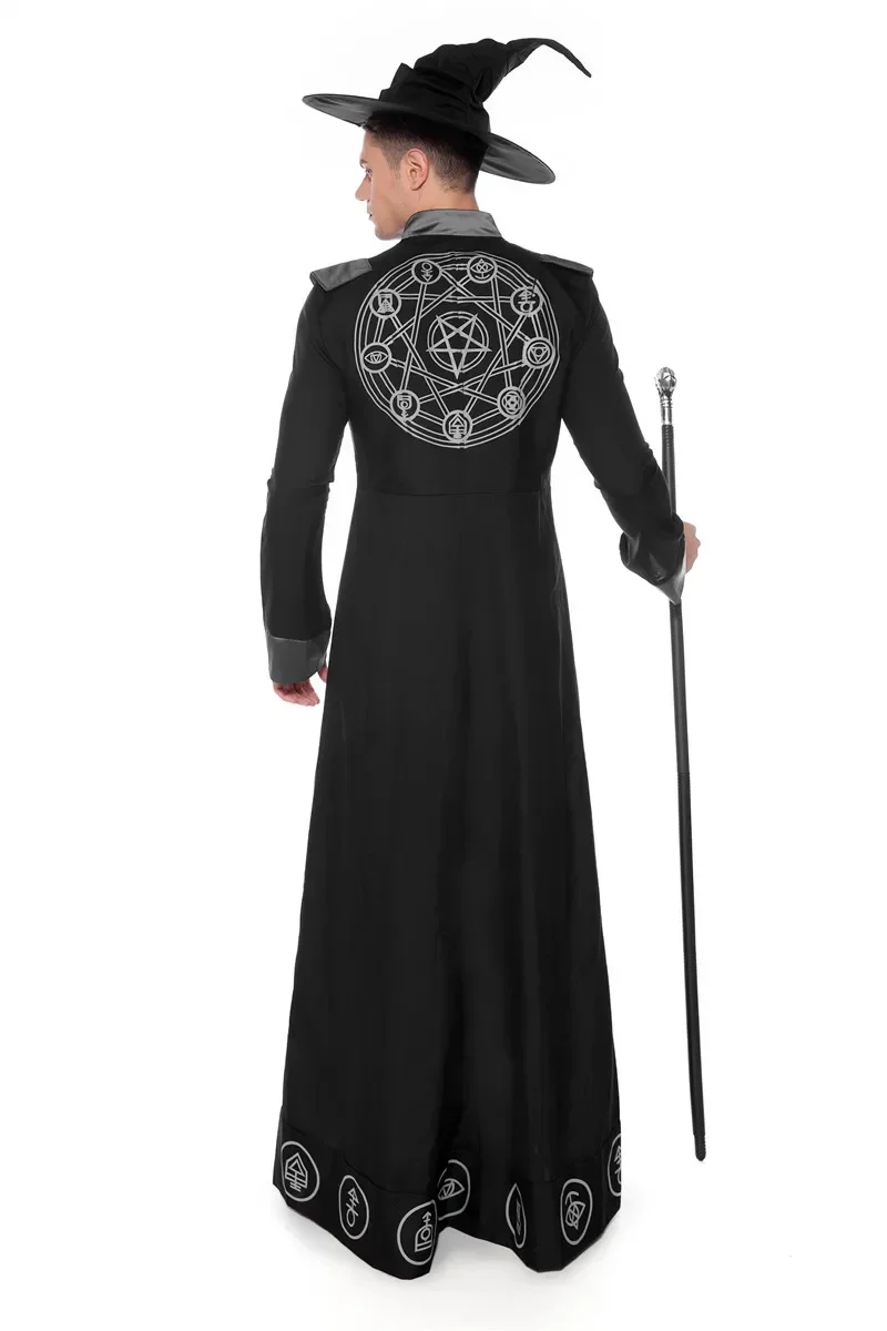 Adult Magic Wizard Sorcerer Warlock Costume Magician Cosplay for Men Halloween Purim Party Costumes Fancy Dress Black
