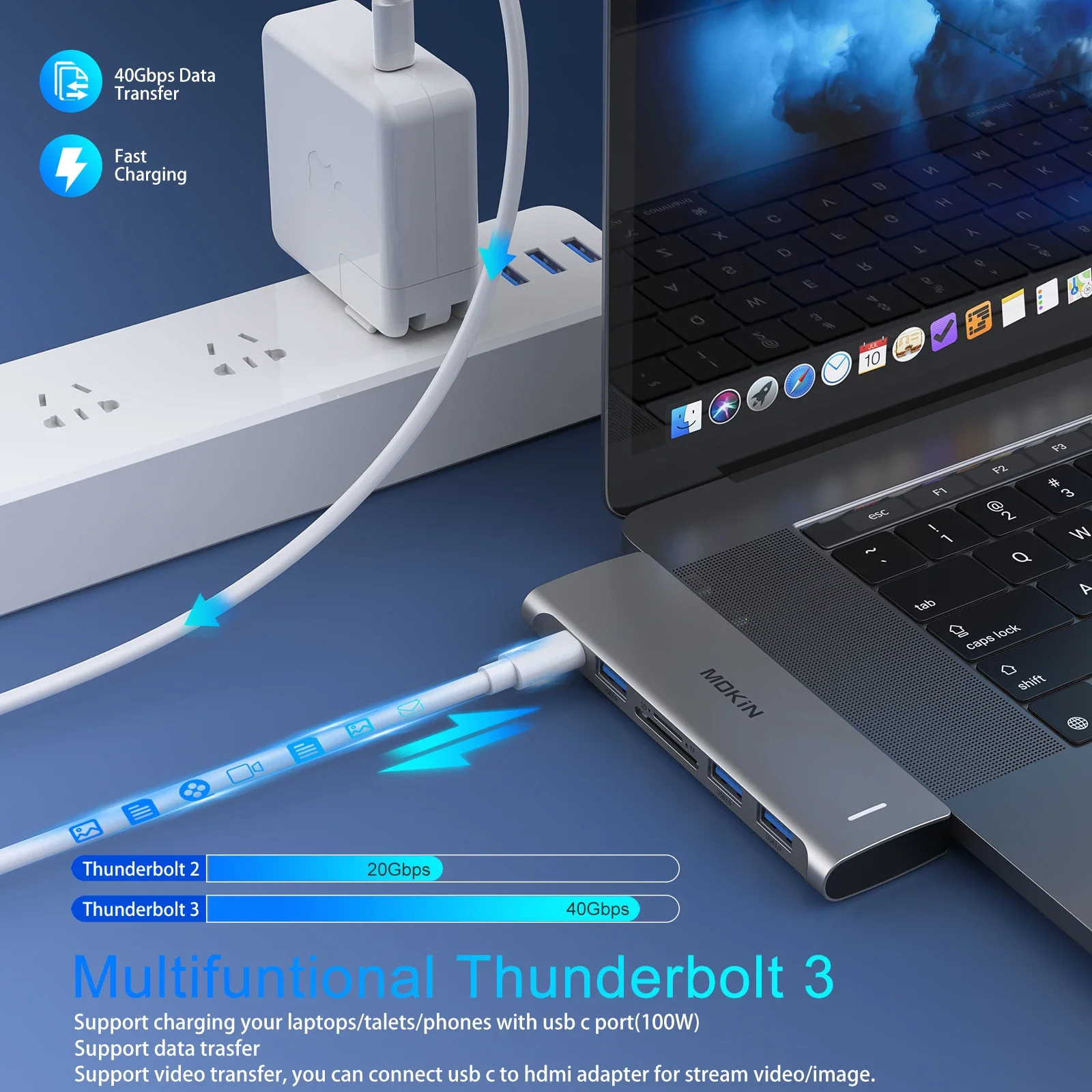 MOKiN USB Type C Hub for MacBook Pro USB Adapter Docking Station Dual USB C to HDMI USB3.0 SD/TF for MacBook Mac Dongle Laptops 4
