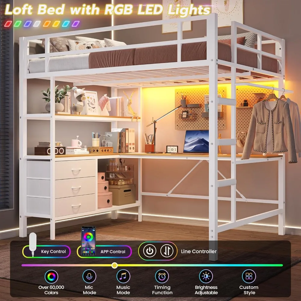 Full Size Loft Bed with L-Shaped Desk, LED Lights, Charging Station & Storage for Teens/Adults