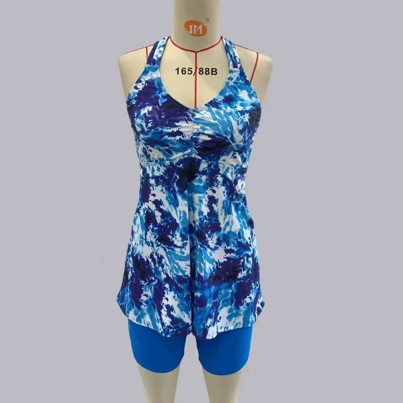 Two-Piece Plus Size Swimsuits Woman Print Short Sleeve Tankini Surf Swimwears Sports Beachwear Large Size Bathing Suit